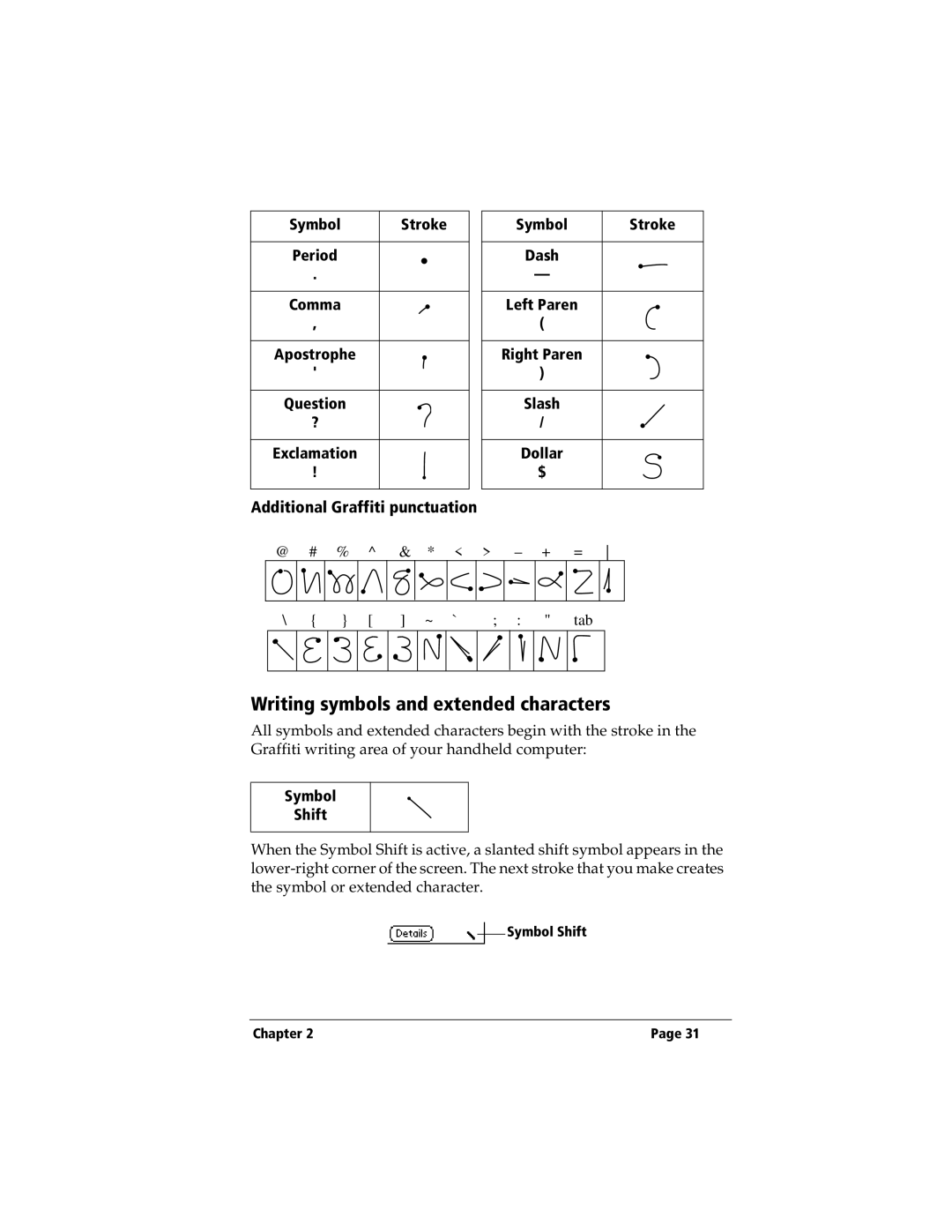 3Com TRGpro manual Writing symbols and extended characters, Additional Graffiti punctuation 