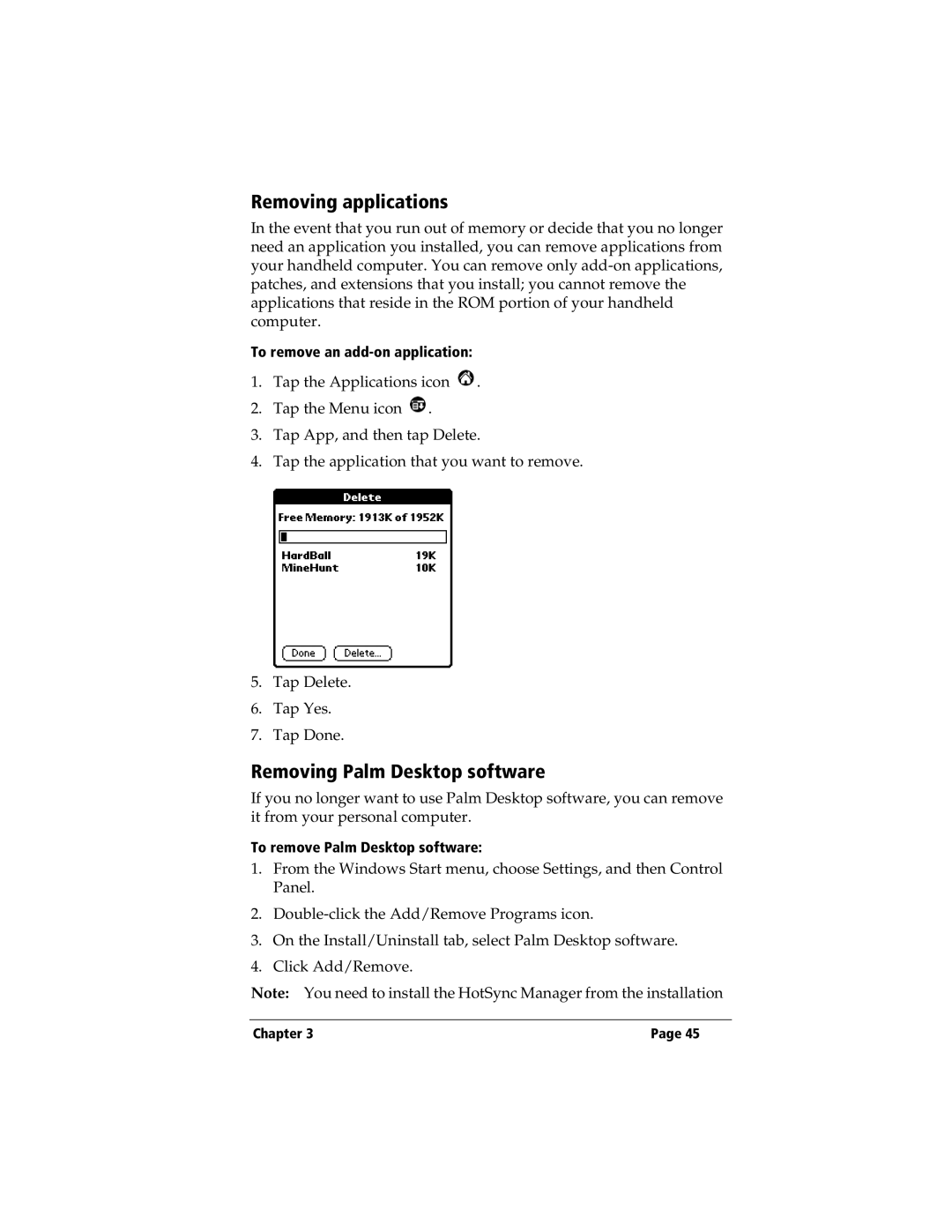 3Com TRGpro manual Removing applications, Removing Palm Desktop software, To remove an add-on application 