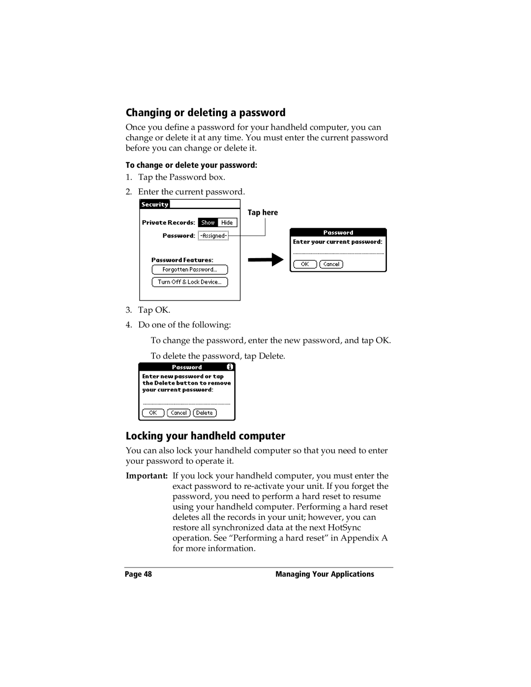 3Com TRGpro manual Changing or deleting a password, Locking your handheld computer, To change or delete your password 