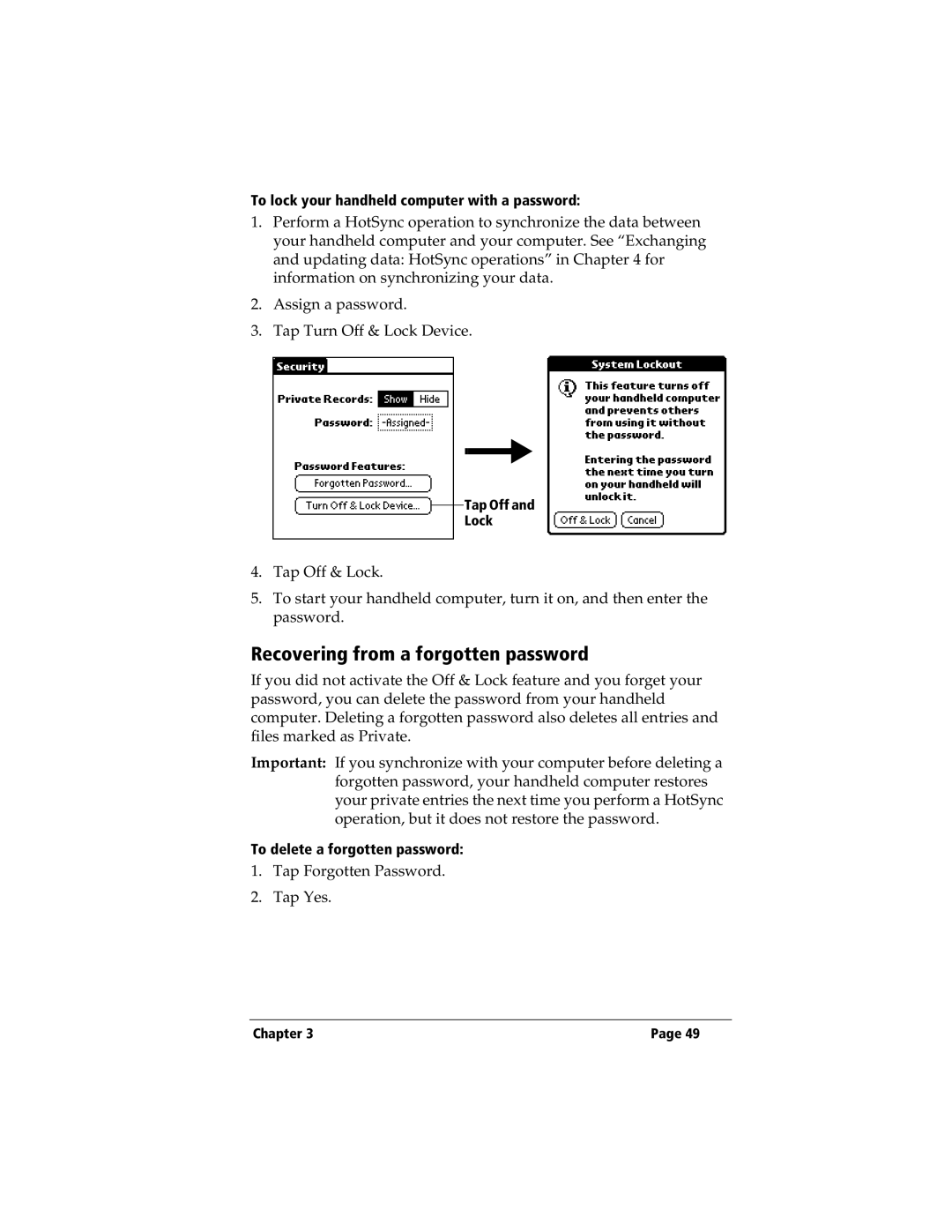 3Com TRGpro manual Recovering from a forgotten password, To lock your handheld computer with a password 