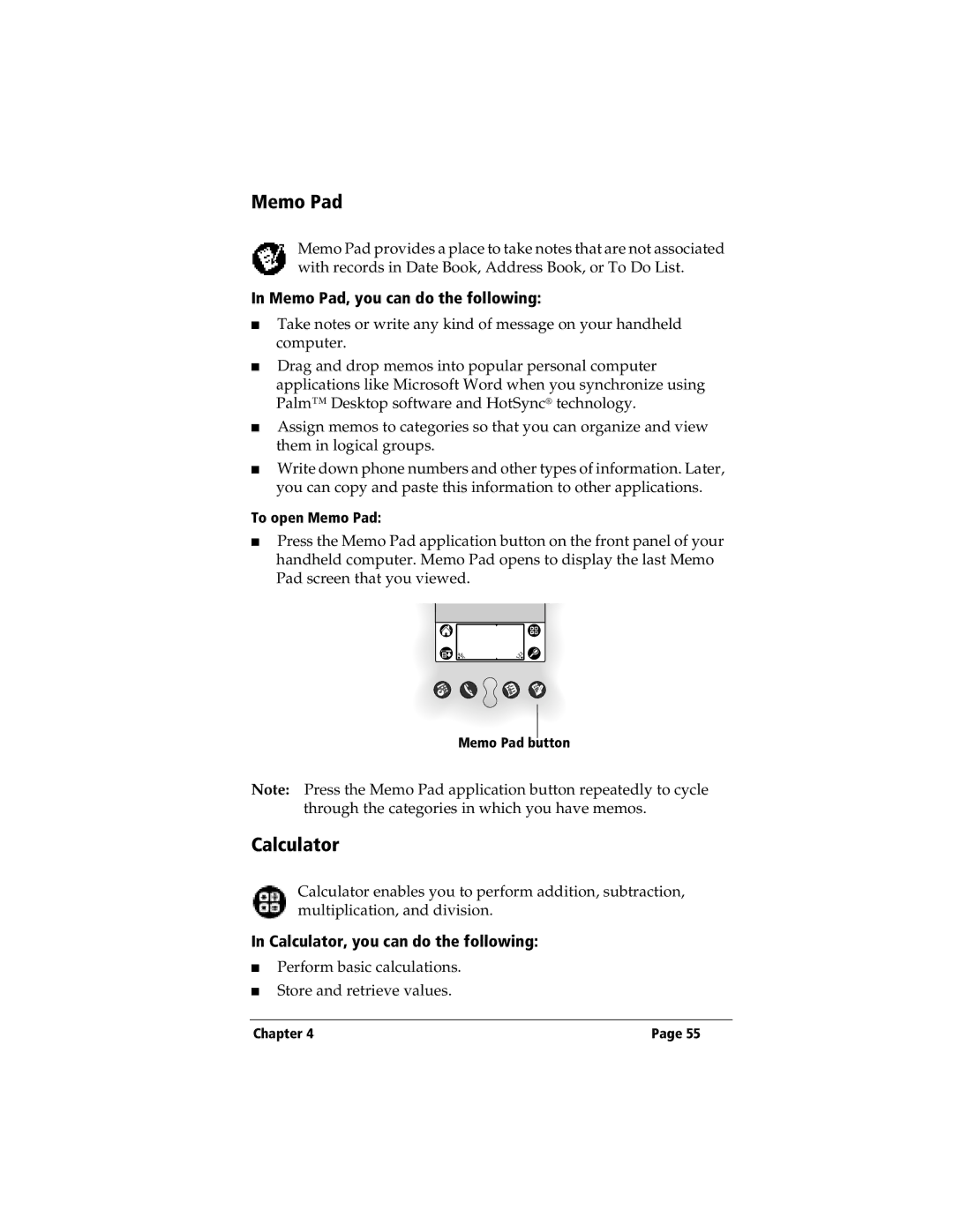 3Com TRGpro manual Memo Pad, you can do the following, Calculator, you can do the following 