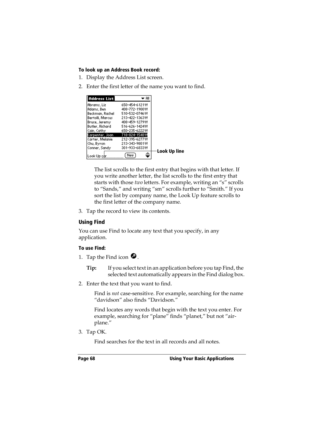 3Com TRGpro manual Using Find, To look up an Address Book record, To use Find 