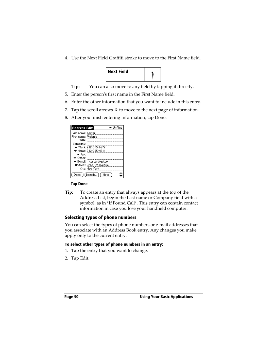 3Com TRGpro manual Selecting types of phone numbers, Next Field, To select other types of phone numbers in an entry 