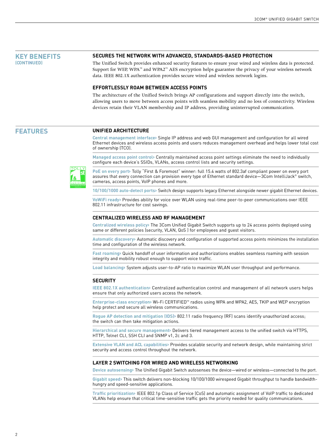 3Com Unified Gigabit Switch manual Features 