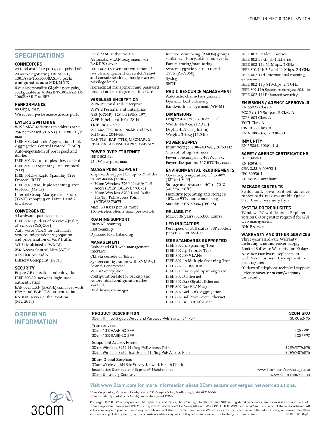 3Com Unified Gigabit Switch manual Specifications, Connectors 