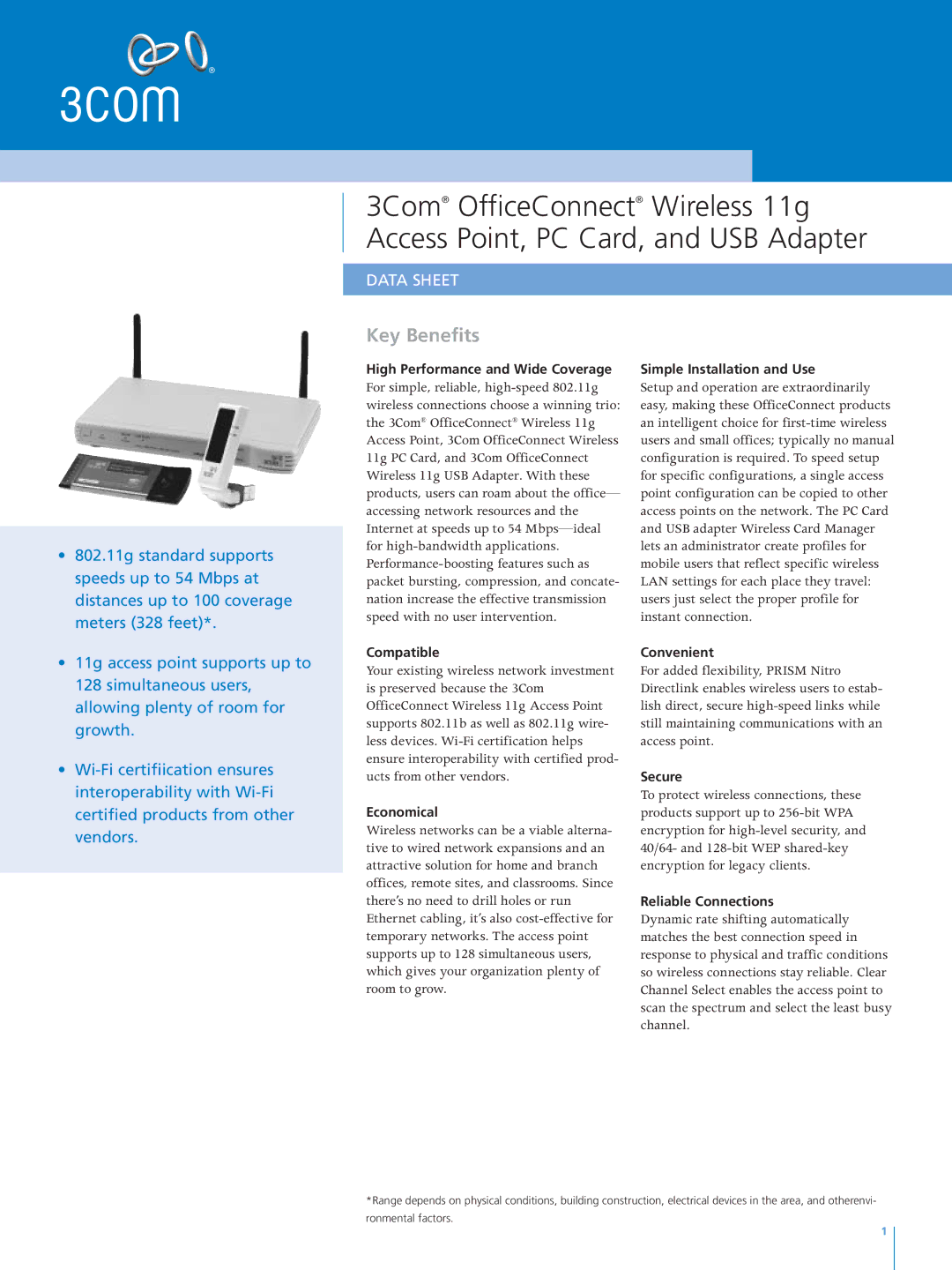 3Com USB Adapter manual Key Benefits, Data Sheet 