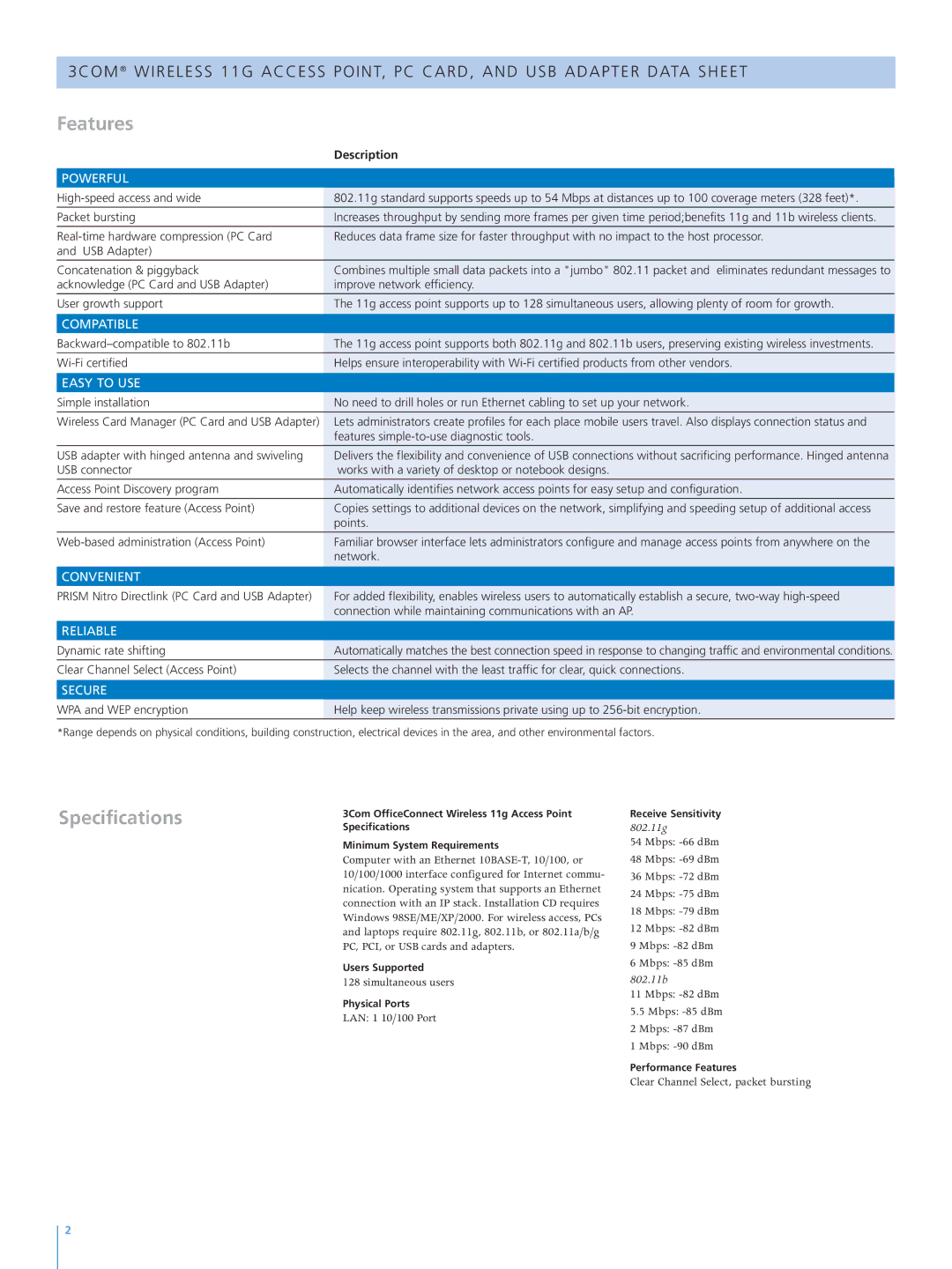 3Com USB Adapter manual Features, Specifications 