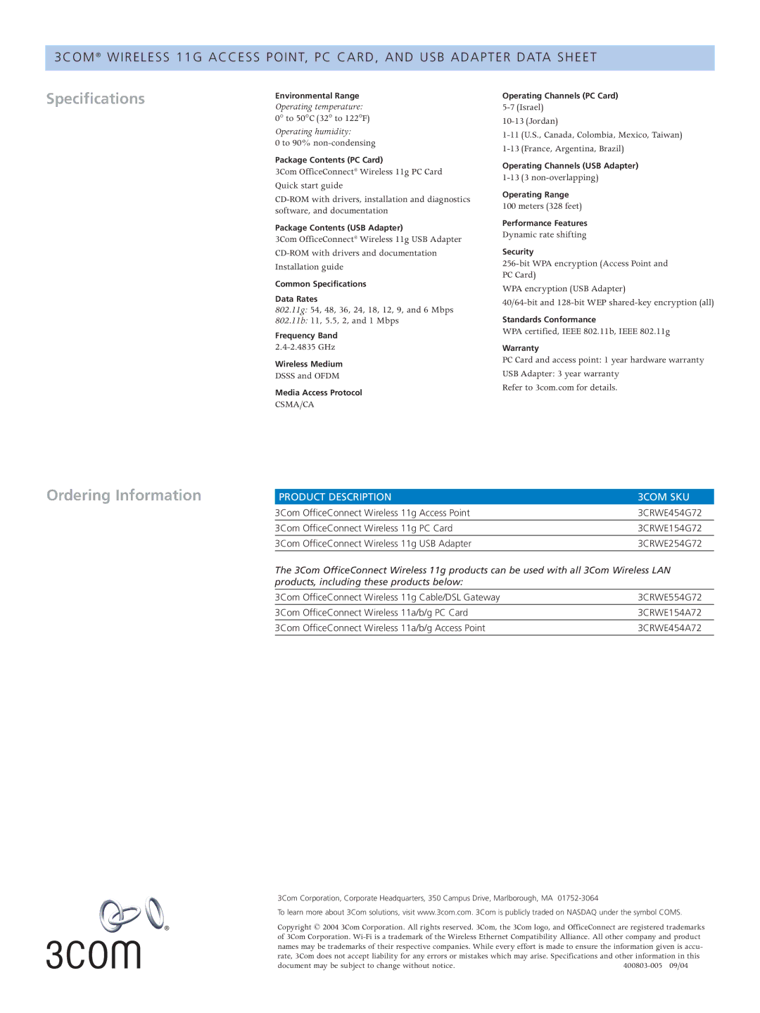 3Com USB Adapter manual Ordering Information, Product Description 3COM SKU 