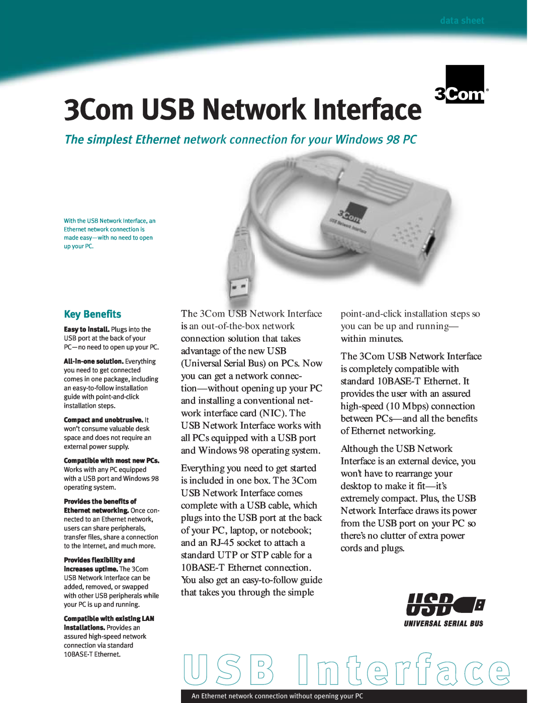 3Com manual U S B I n terface, 3Com USB Network Interface, Key Benefits 