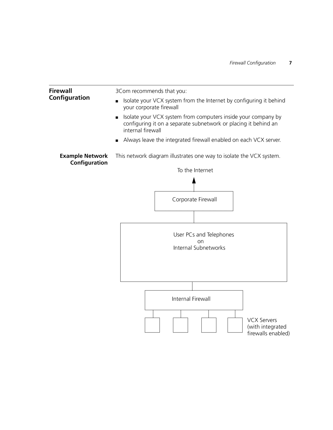 3Com V7000 manual Firewall Configuration, VCX Servers with integrated firewalls enabled 