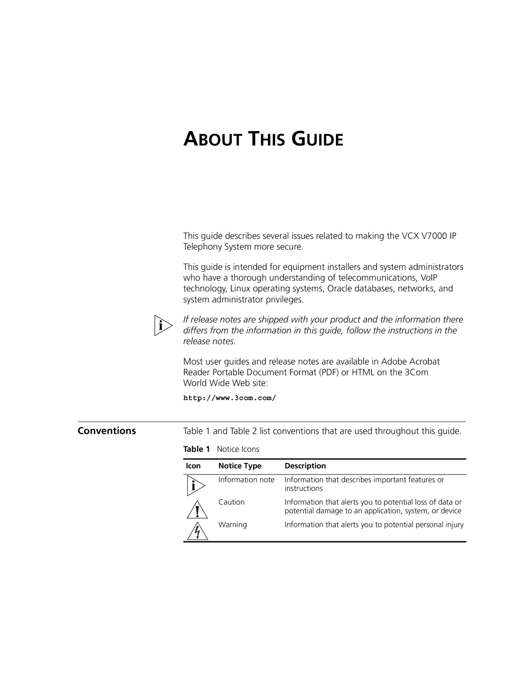 3Com V7000 manual About this Guide, Conventions, List conventions that are used throughout this guide, Icon Description 