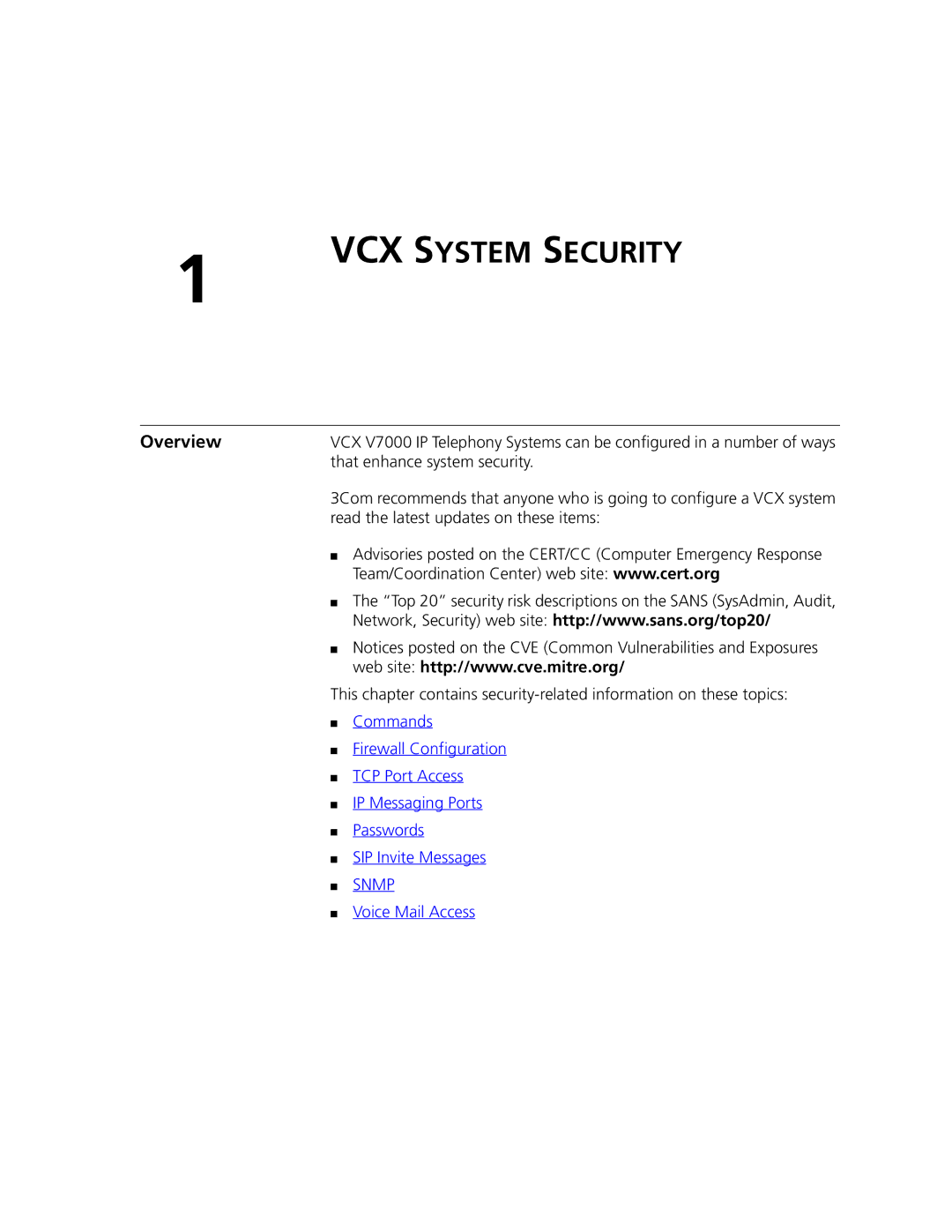 3Com V7000 manual VCX System Security, Overview 