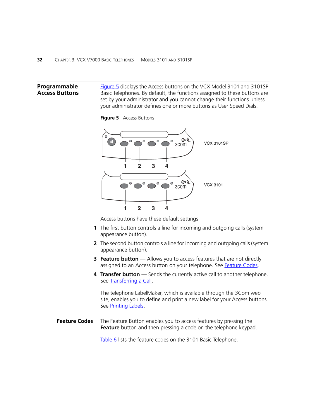 3Com V7000 manual Lists the feature codes on the 3101 Basic Telephone 