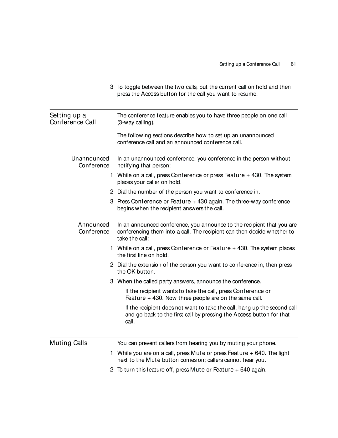 3Com V7000 manual Setting up a, Conference Call, Muting Calls 