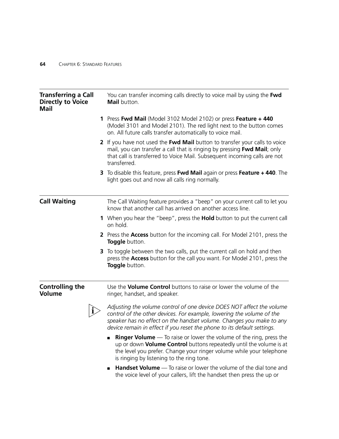 3Com V7000 manual Transferring a Call, Directly to Voice, Mail, Call Waiting, Controlling, Volume 