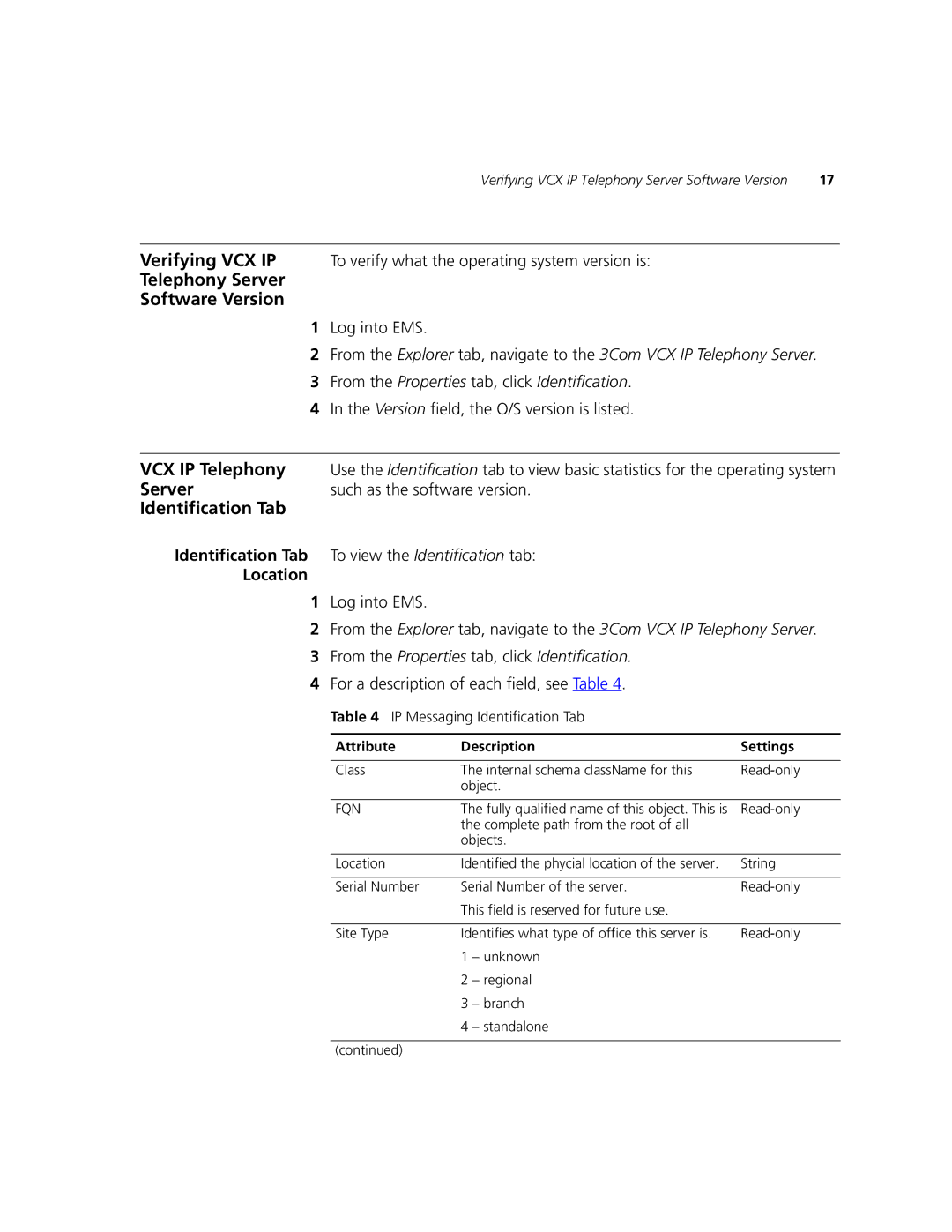 3Com V7000 manual Telephony Server Software Version, IP Messaging Identification Tab 