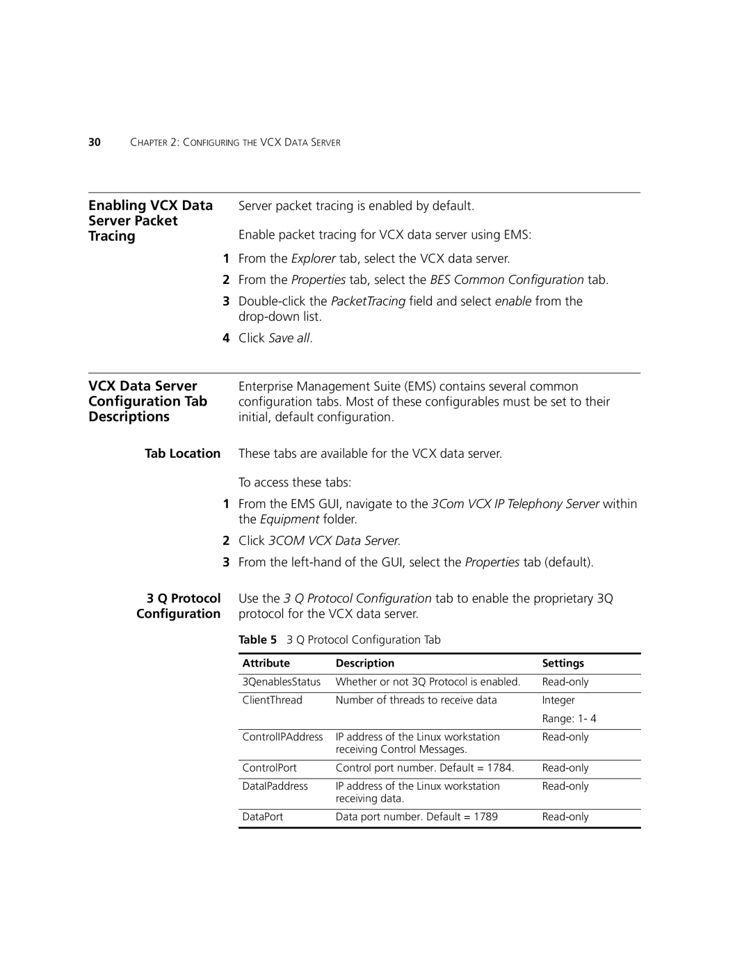 3Com V7000 manual Enabling VCX Data Server Packet Tracing, Configuration Tab, Descriptions, Tab Location 