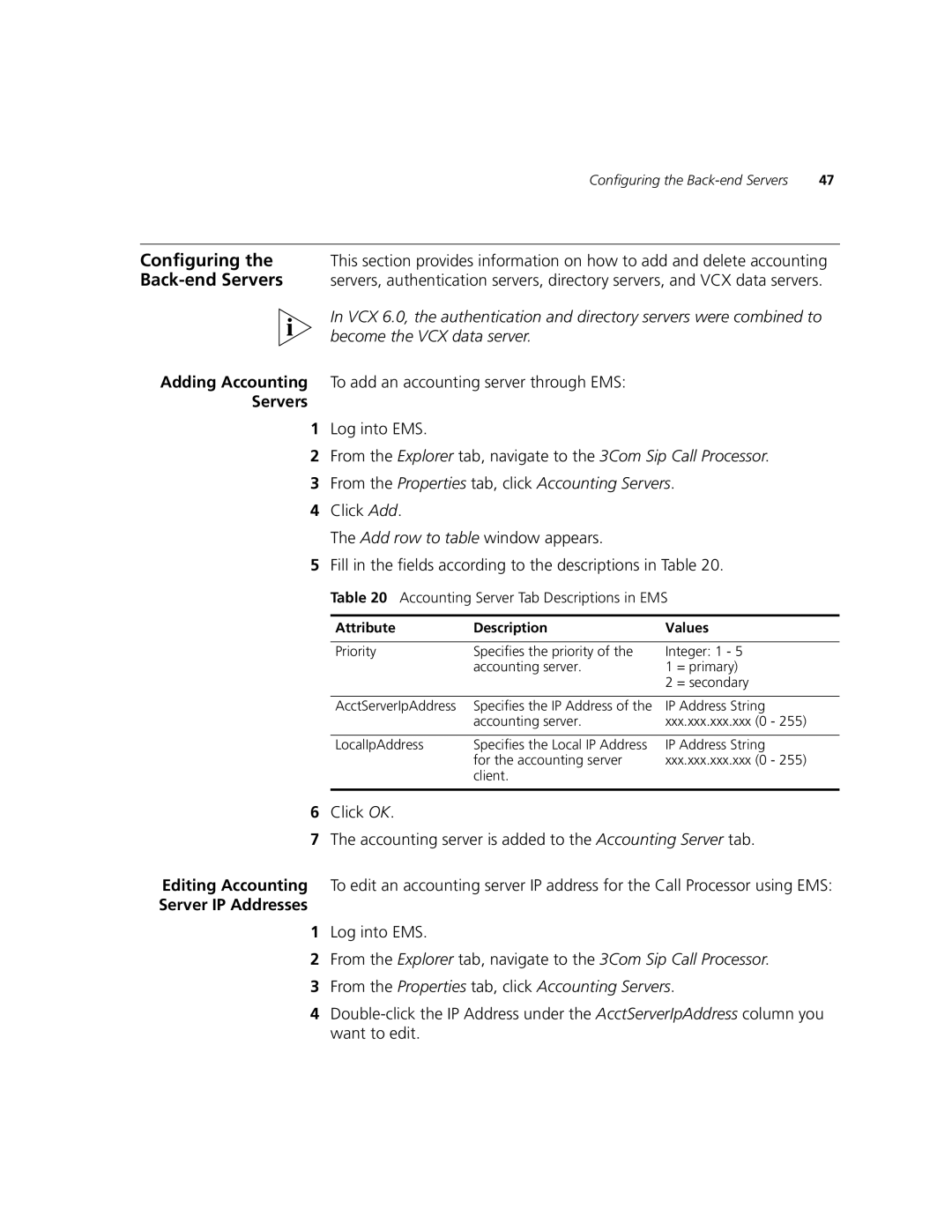 3Com V7000 manual Adding Accounting To add an accounting server through EMS, Servers, Server IP Addresses 