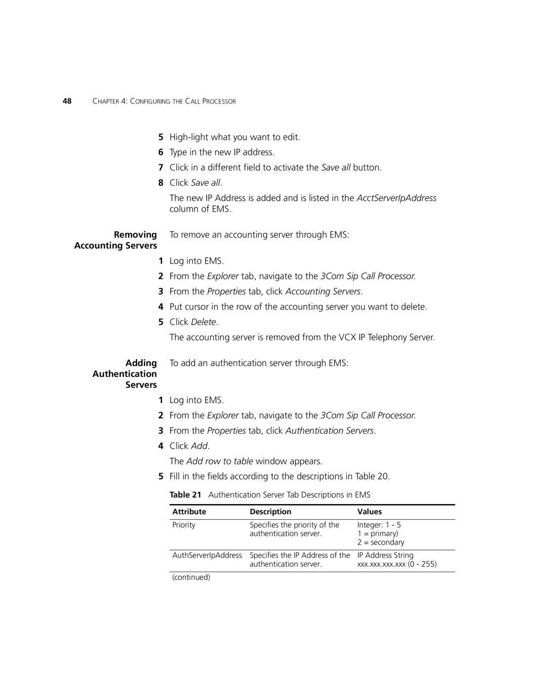 3Com V7000 manual Accounting Servers, Authentication Servers, Authentication Server Tab Descriptions in EMS 