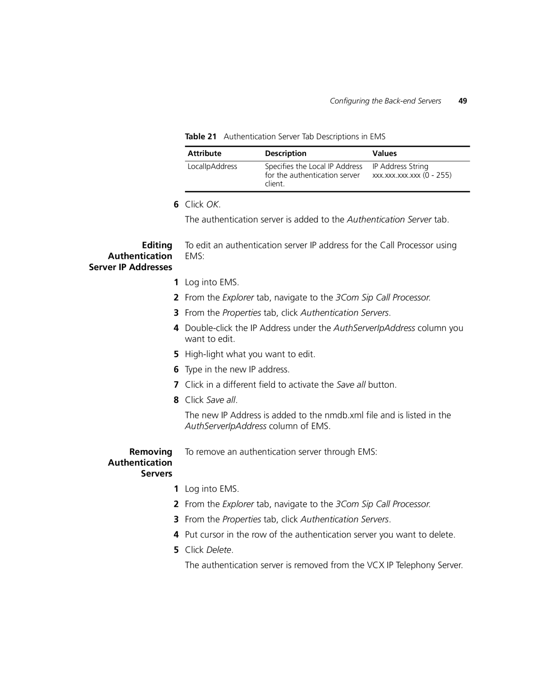 3Com V7000 manual Authentication Server Tab Descriptions in EMS 