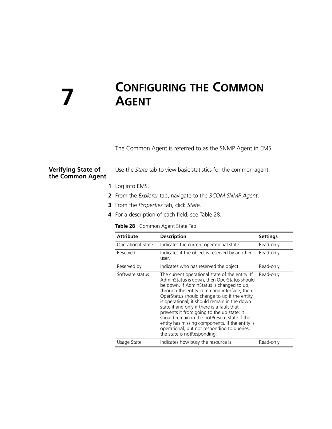 3Com V7000 manual Configuring the Common Agent, Common Agent State Tab 