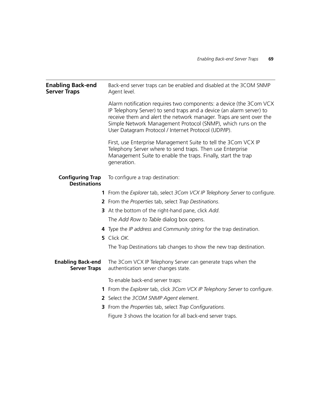 3Com V7000 manual Enabling Back-end, Server Traps, Destinations 