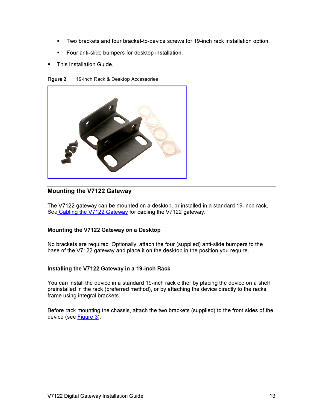 3Com manual Mounting the V7122 Gateway on a Desktop, Installing the V7122 Gateway in a 19-inch Rack 