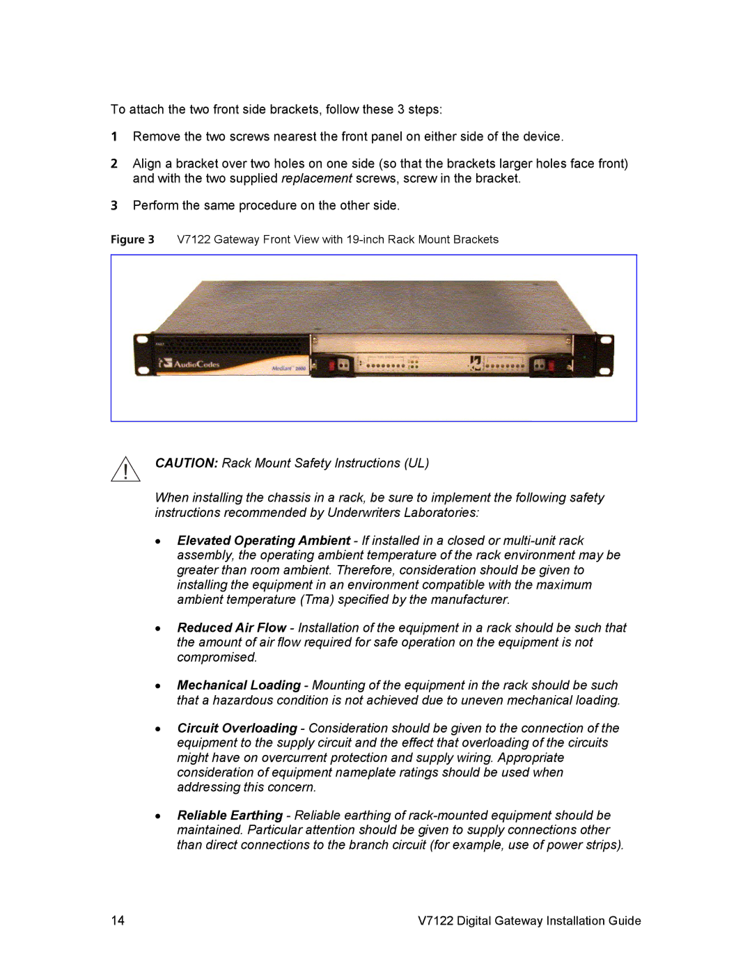 3Com manual V7122 Gateway Front View with 19-inch Rack Mount Brackets 