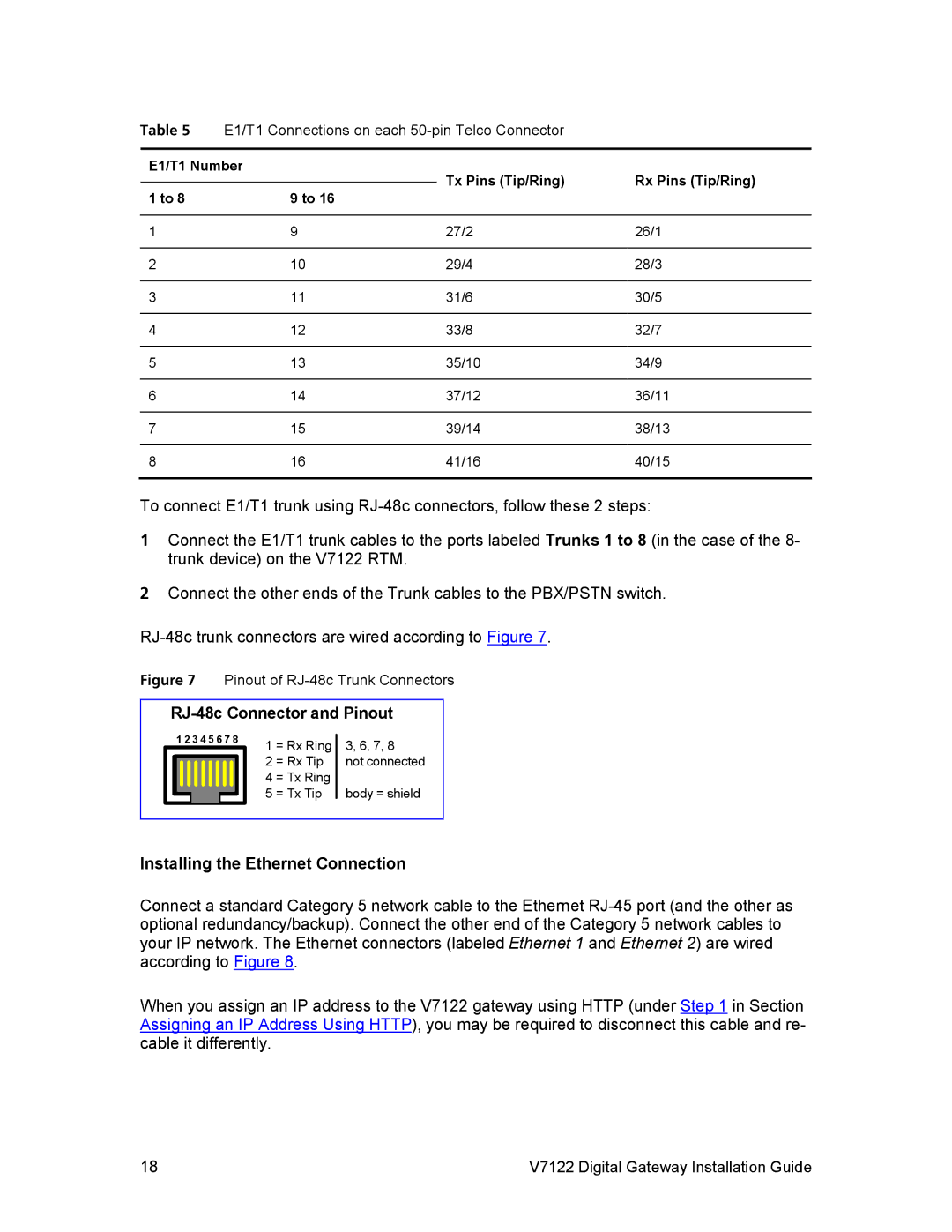 3Com V7122 RJ-48c Connector and Pinout, Installing the Ethernet Connection, E1/T1 Number Tx Pins Tip/Ring Rx Pins Tip/Ring 