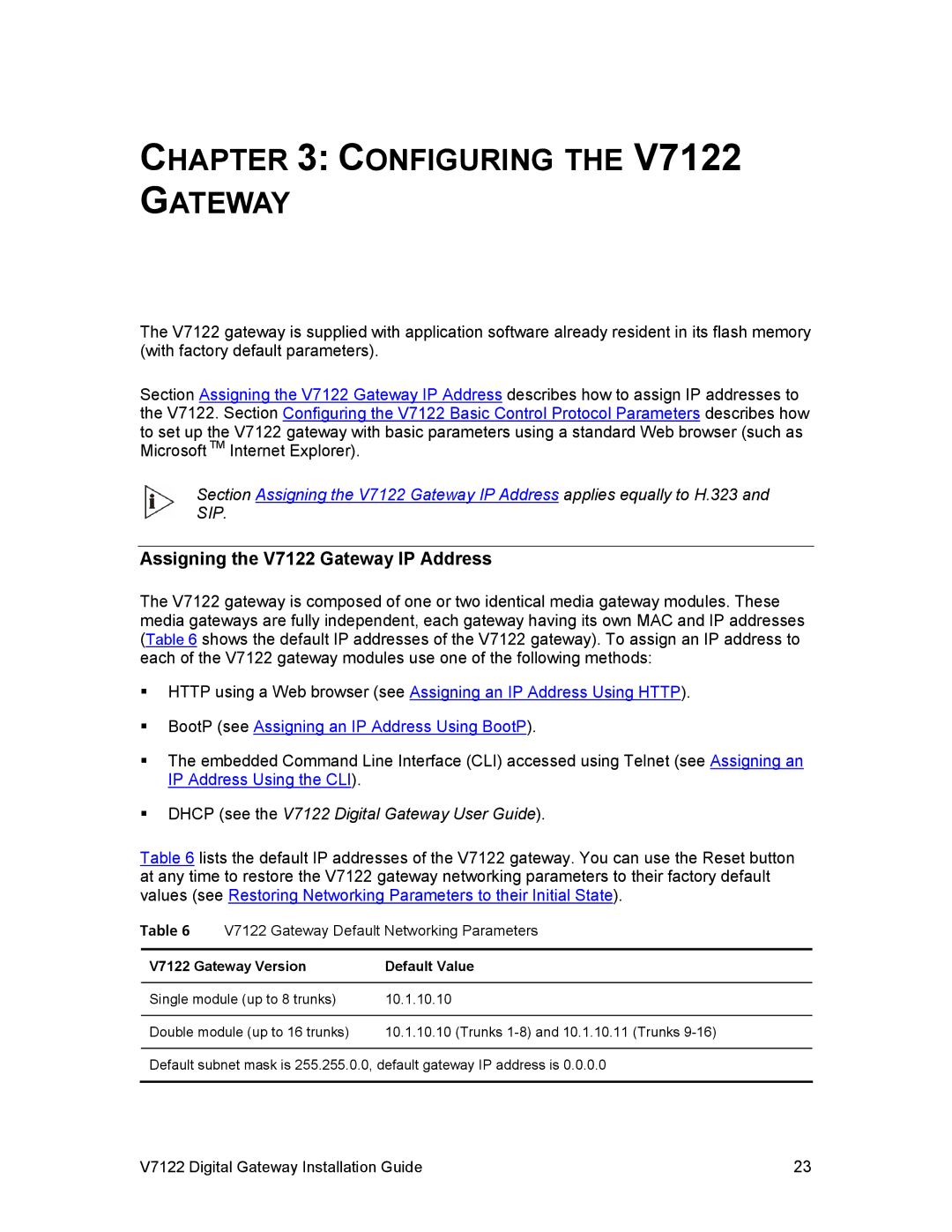 3Com manual Configuring the V7122 Gateway, Assigning the V7122 Gateway IP Address, V7122 Gateway Version Default Value 