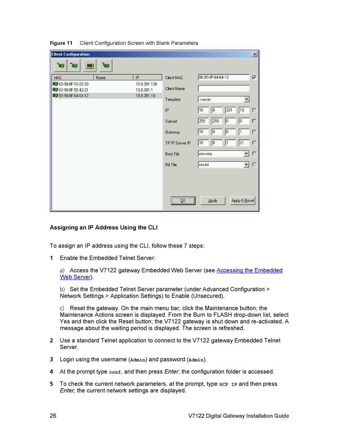 3Com V7122 manual Assigning an IP Address Using the CLI, Client Configuration Screen with Blank Parameters 