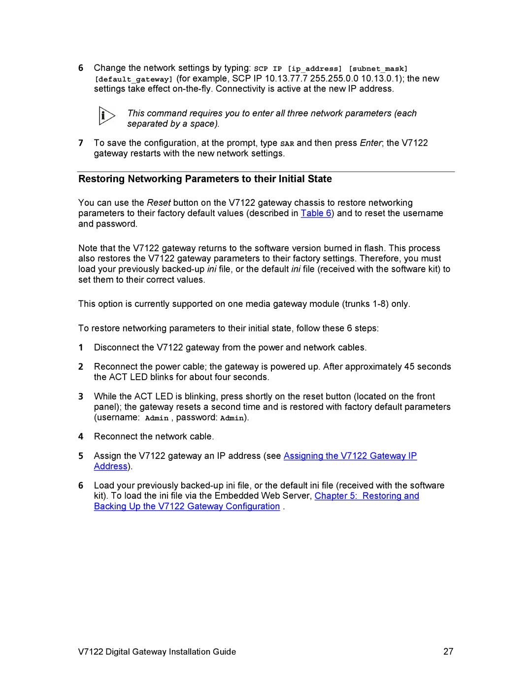 3Com V7122 manual Restoring Networking Parameters to their Initial State 