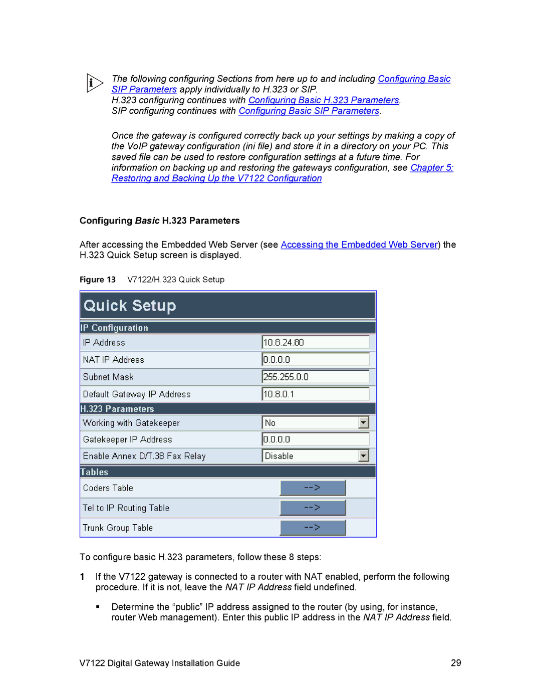 3Com manual Configuring Basic H.323 Parameters, V7122/H.323 Quick Setup 