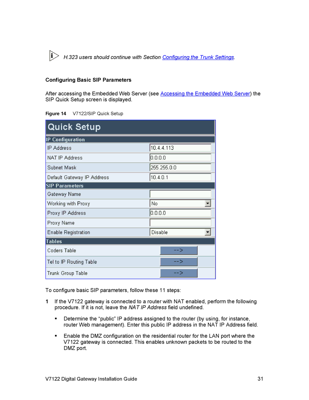 3Com manual Configuring Basic SIP Parameters, V7122/SIP Quick Setup 