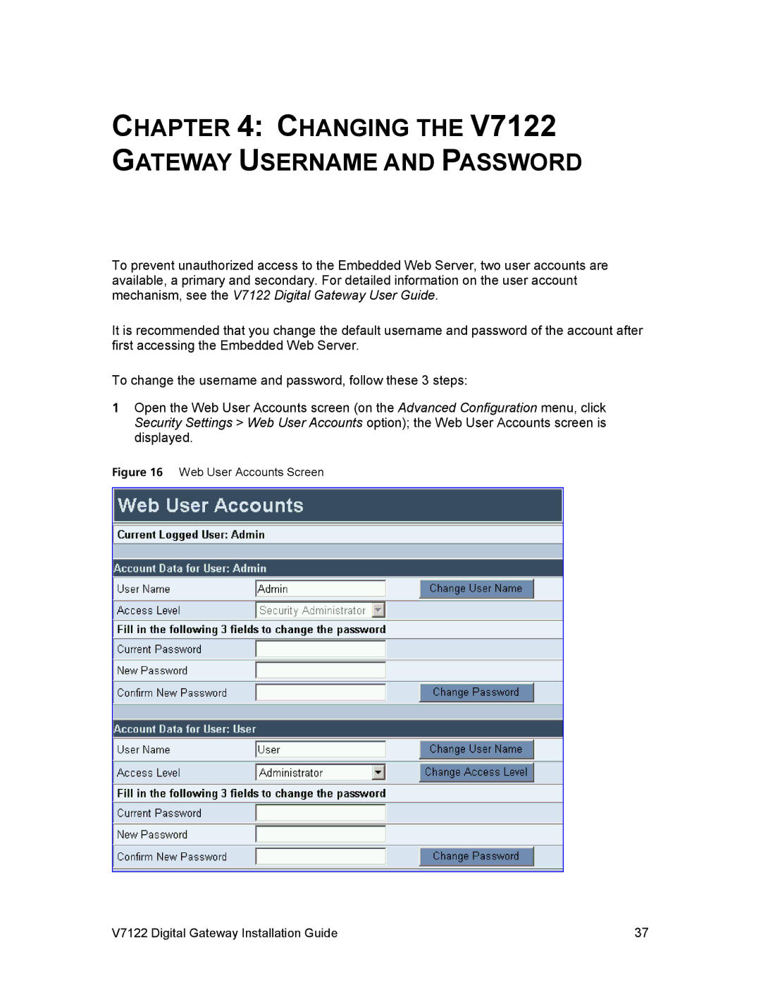 3Com manual Changing the V7122 Gateway Username and Password 