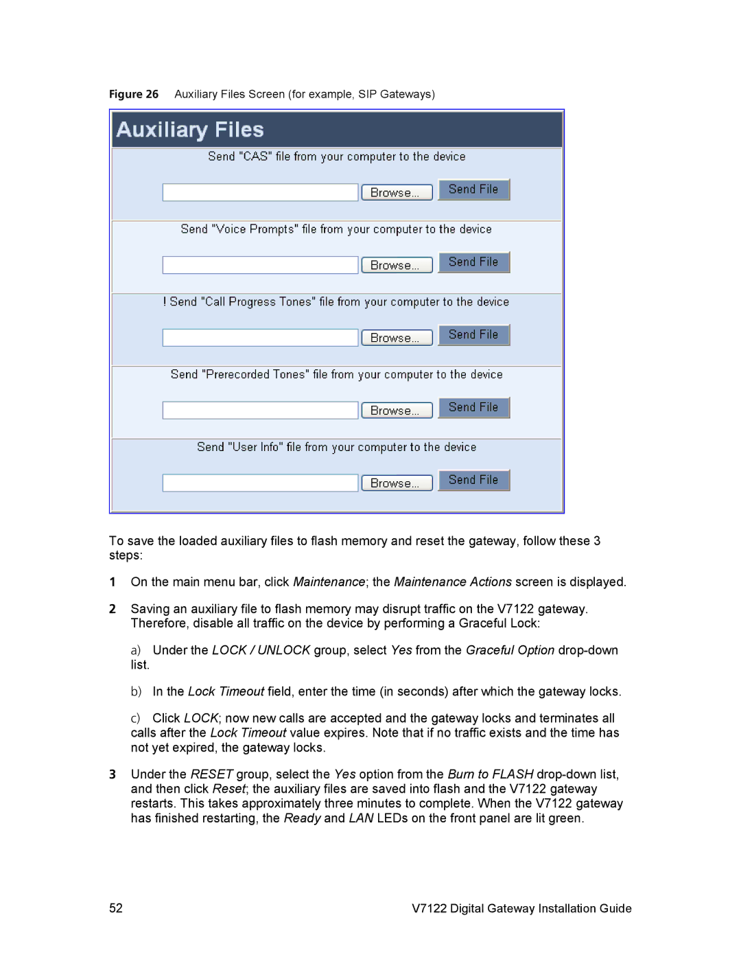 3Com V7122 manual Auxiliary Files Screen for example, SIP Gateways 