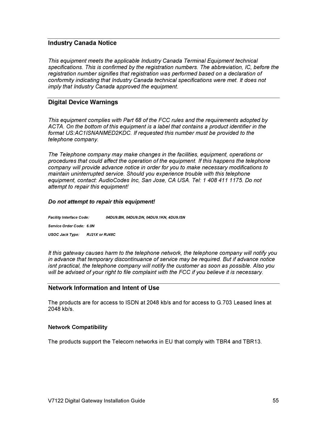 3Com V7122 Industry Canada Notice, Digital Device Warnings, Network Information and Intent of Use, Network Compatibility 