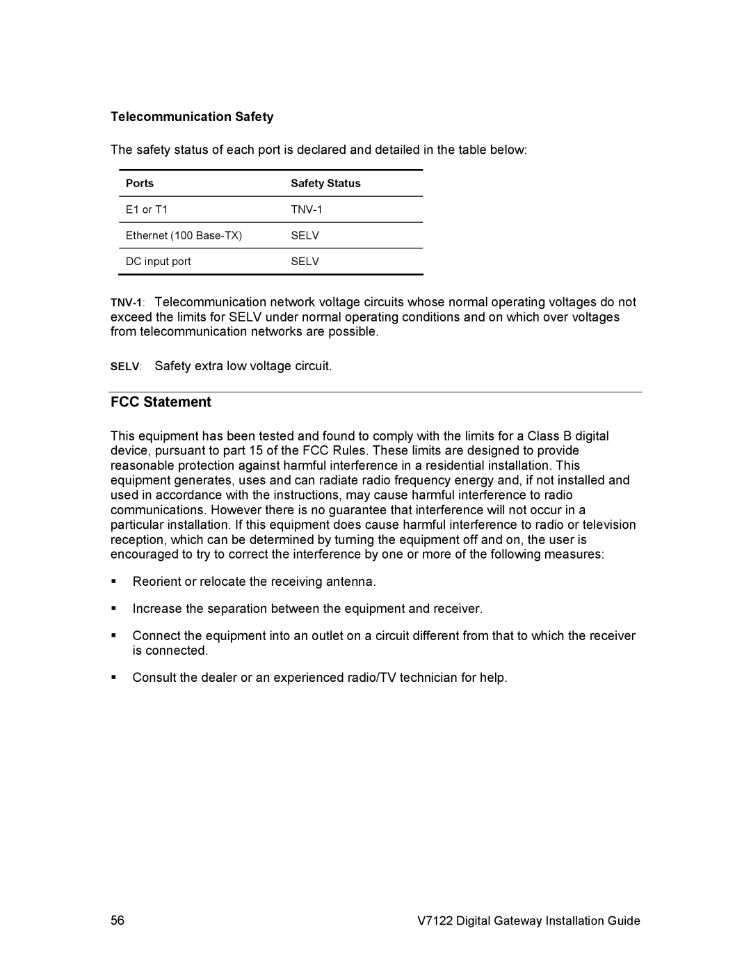 3Com V7122 manual FCC Statement, Telecommunication Safety, Ports Safety Status 