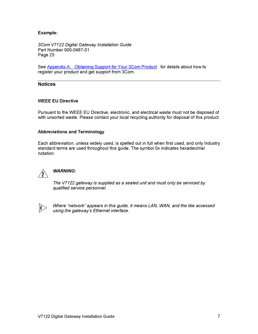 3Com V7122 manual Example, Weee EU Directive, Abbreviations and Terminology 