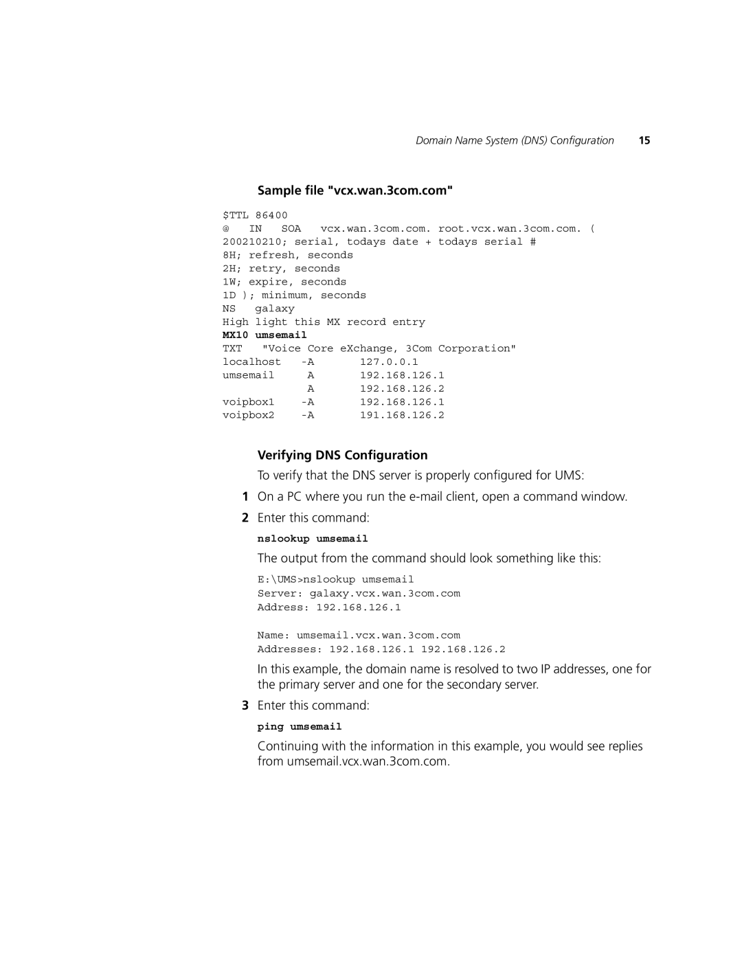 3Com V7300 manual Sample file vcx.wan.3com.com, Verifying DNS Configuration 