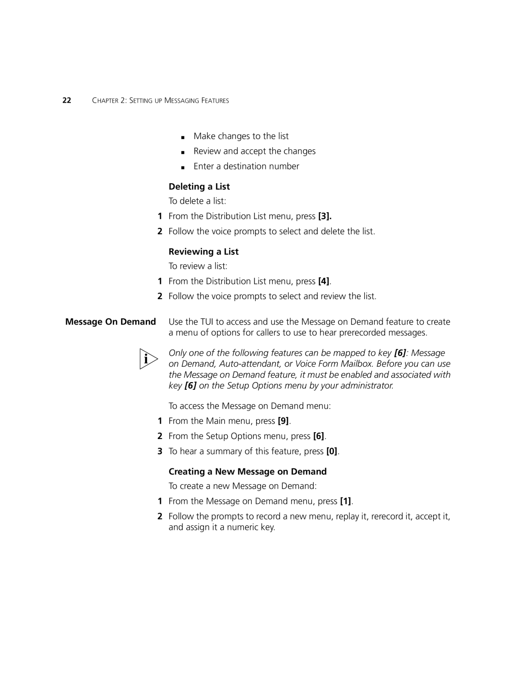 3Com V7350 manual Deleting a List, Reviewing a List, Creating a New Message on Demand 