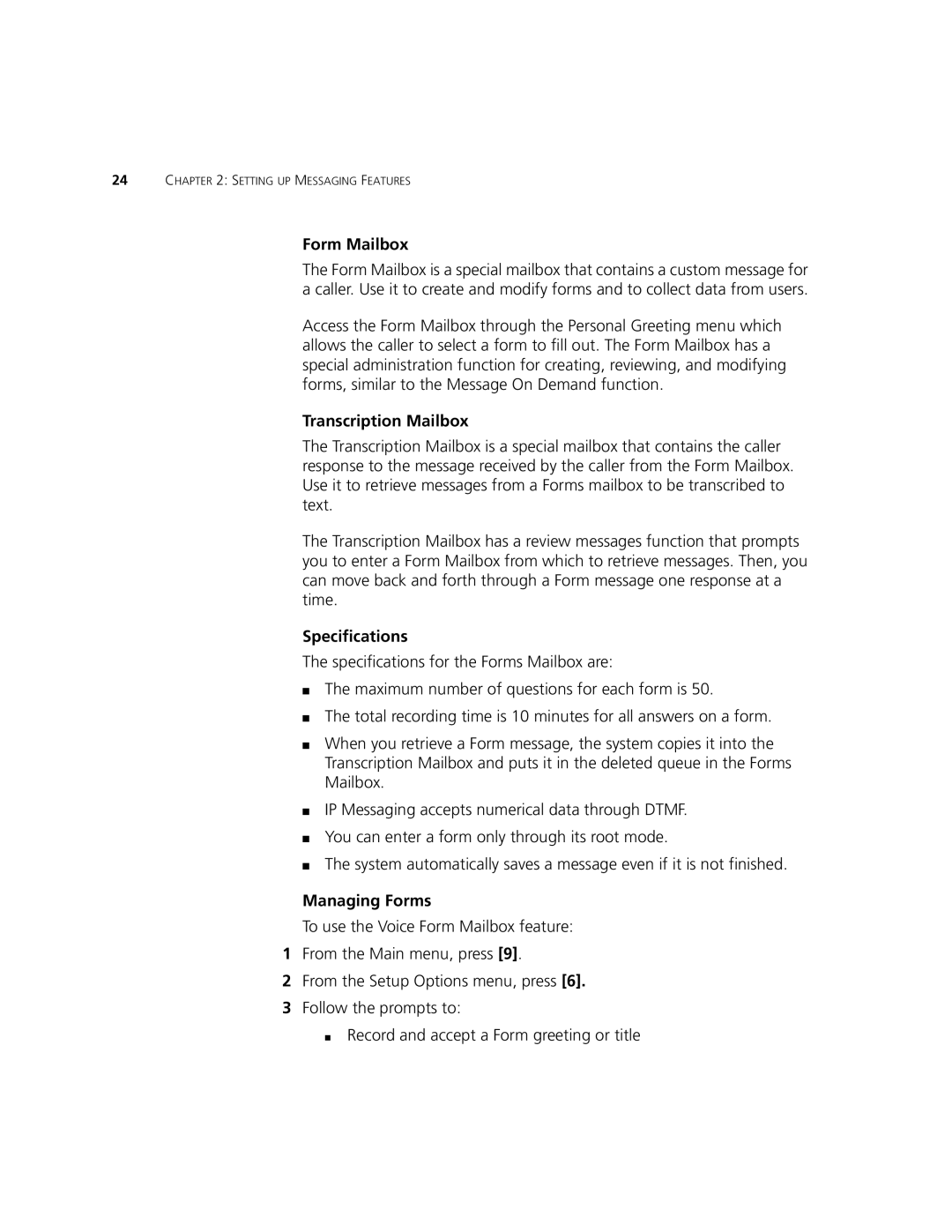 3Com V7350 manual Form Mailbox, Transcription Mailbox, Specifications, Managing Forms 