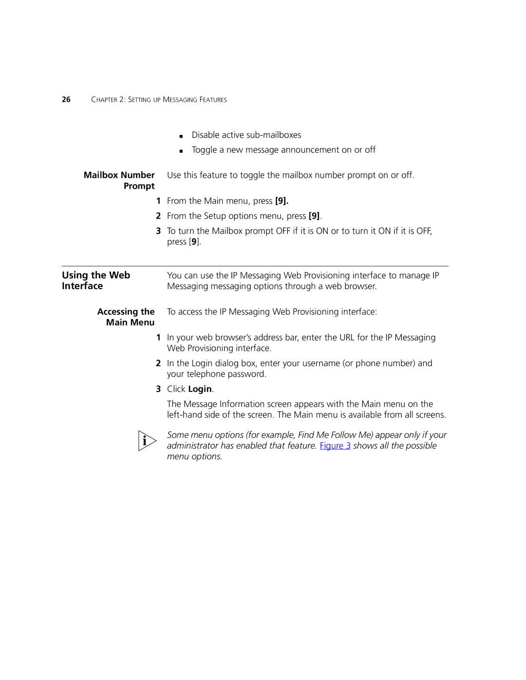 3Com V7350 manual Using the Web, Prompt, Messaging messaging options through a web browser, Main Menu 