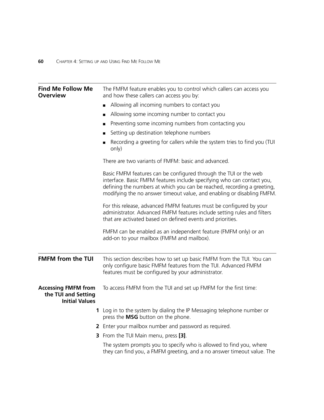 3Com V7350 manual Find Me Follow Me, Fmfm from the TUI, Accessing Fmfm from, TUI and Setting Initial Values 