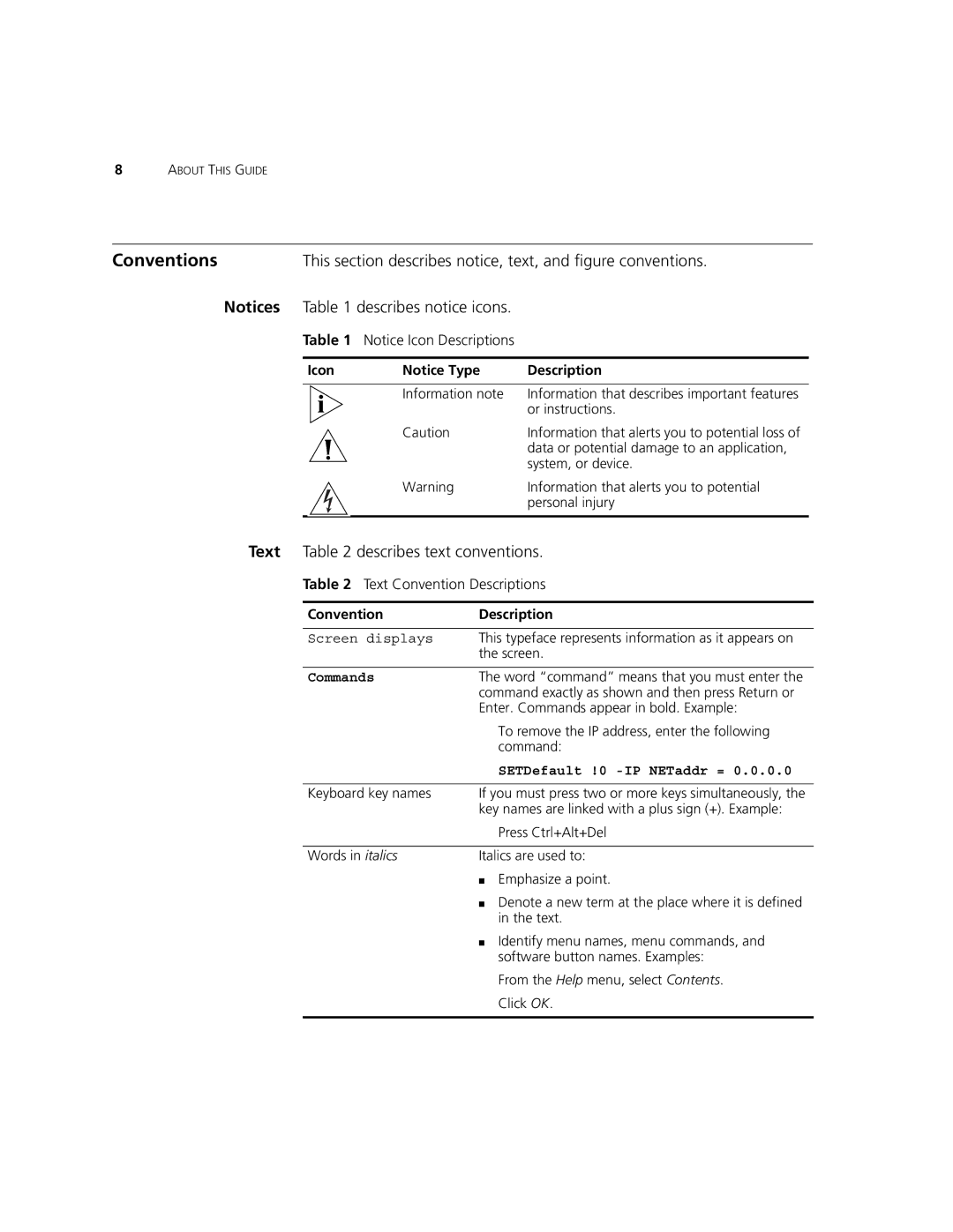 3Com V7350 manual Conventions, This section describes notice, text, and figure conventions 