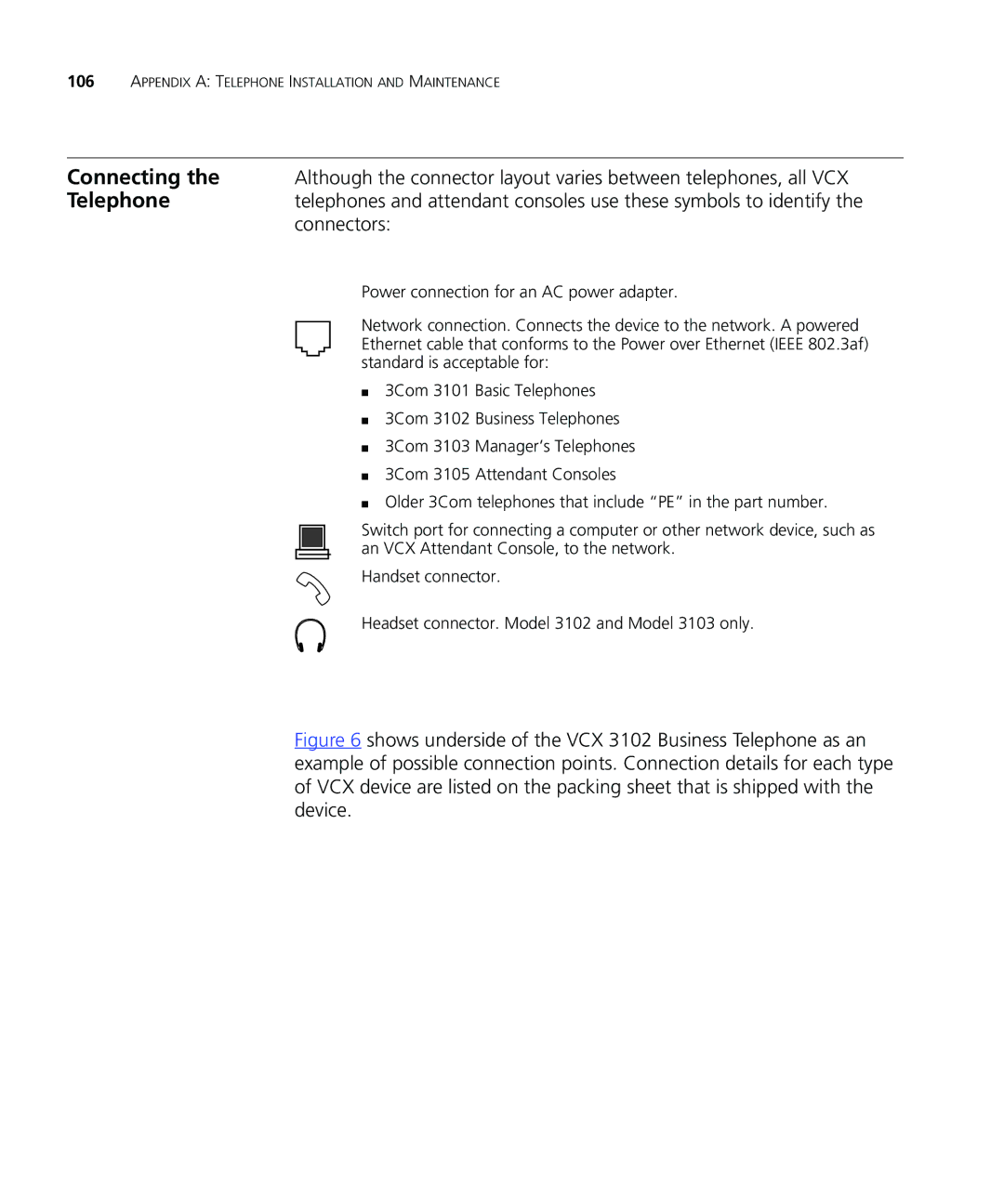 3Com VCX V7000 IP manual Connecting, Connectors 