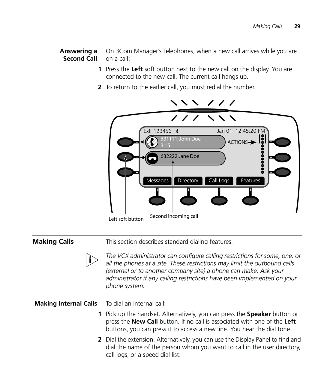 3Com VCX V7000 IP manual Second Call On a call, Making Internal Calls To dial an internal call 