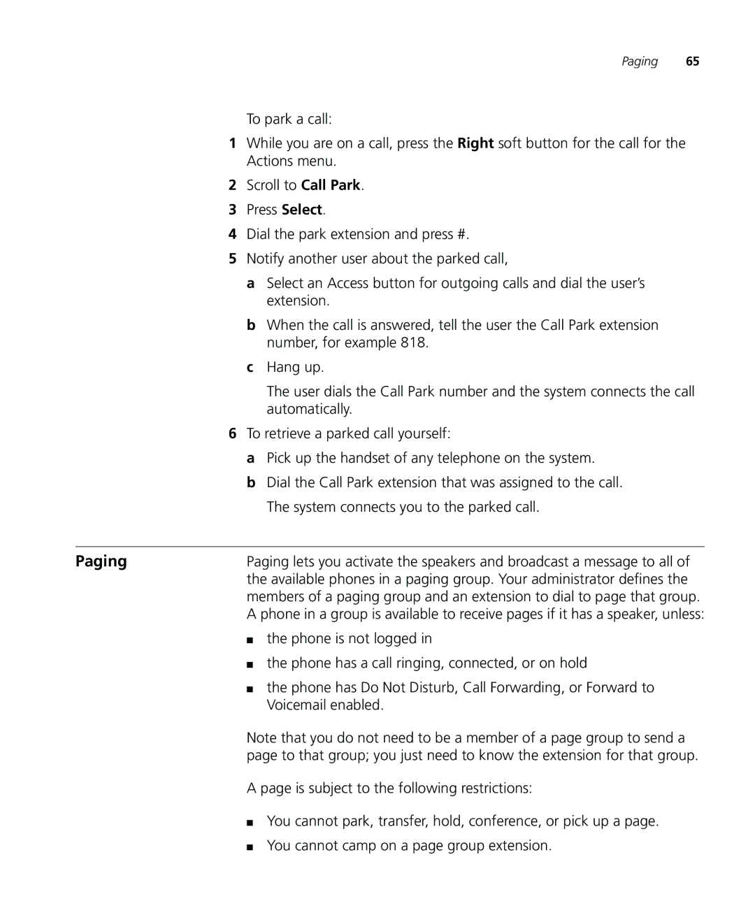 3Com VCX V7000 IP manual Paging, Scroll to Call Park 