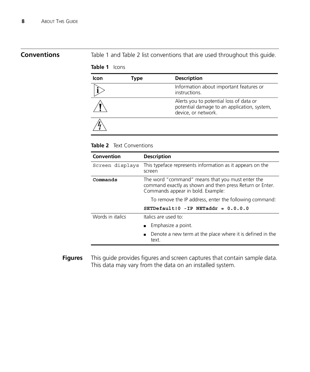 3Com VCX V7000 IP manual Conventions, List conventions that are used throughout this guide Icons 