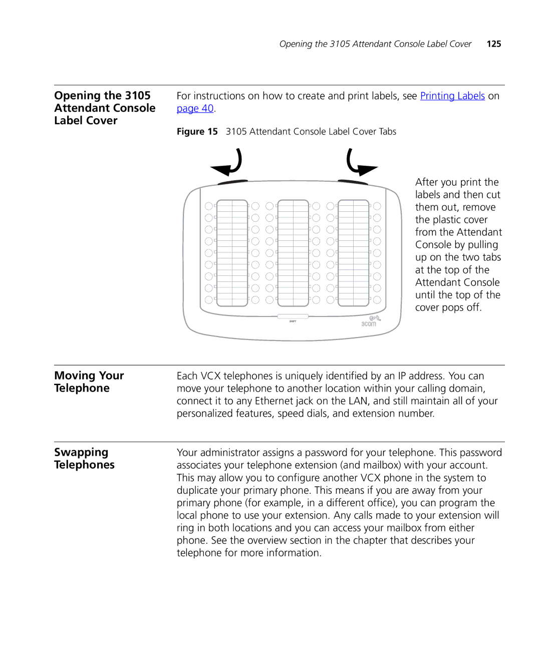 3Com VCX V7000 manual Opening, Attendant Console Label Cover, Moving Your, Swapping, Telephones 